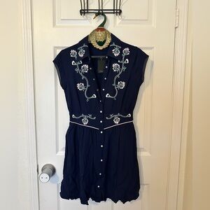 Guess Navy Embroidered Mini Dress with White & Teal Floral Trim